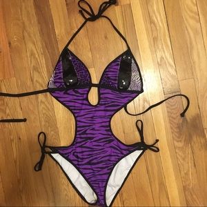 Guess Purple Animal Print Cutout Swimsuit
